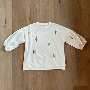 Fate Embroidered Sequin Rainbow Lightning Puff Sleeve Sweatshirt White NWT